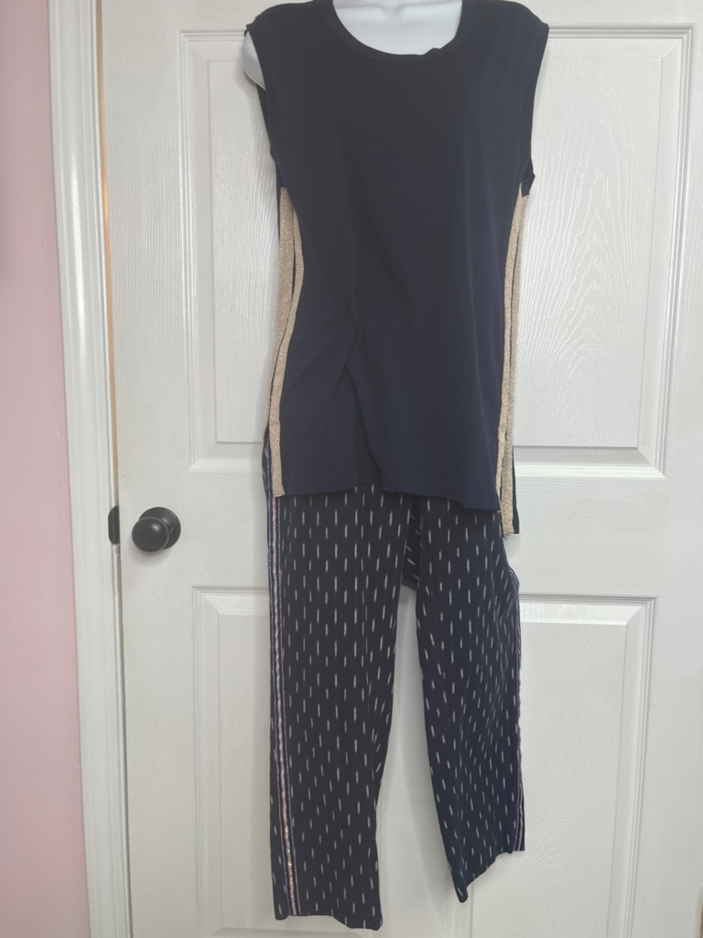 J. Crew Navy Sleeveless Top with Gold Side Panels & Navy Patterned Pants